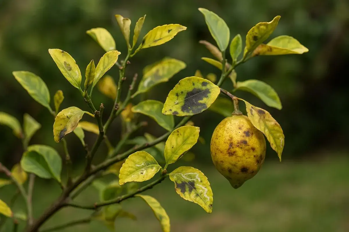 Un citronnier aux feuilles jaunies et tachées de noir, avec un fruit en formation. Une image pour comprendre comment traiter un citronnier naturellement.