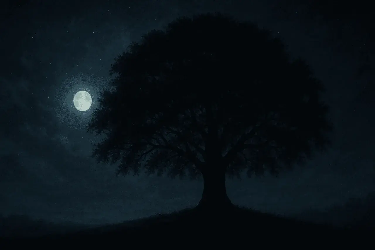 Nocny krajobraz z księżycem i drzewem. Melancholijny nastrój, jak w "The Hanging Tree" Jamesa Newtona Howarda.