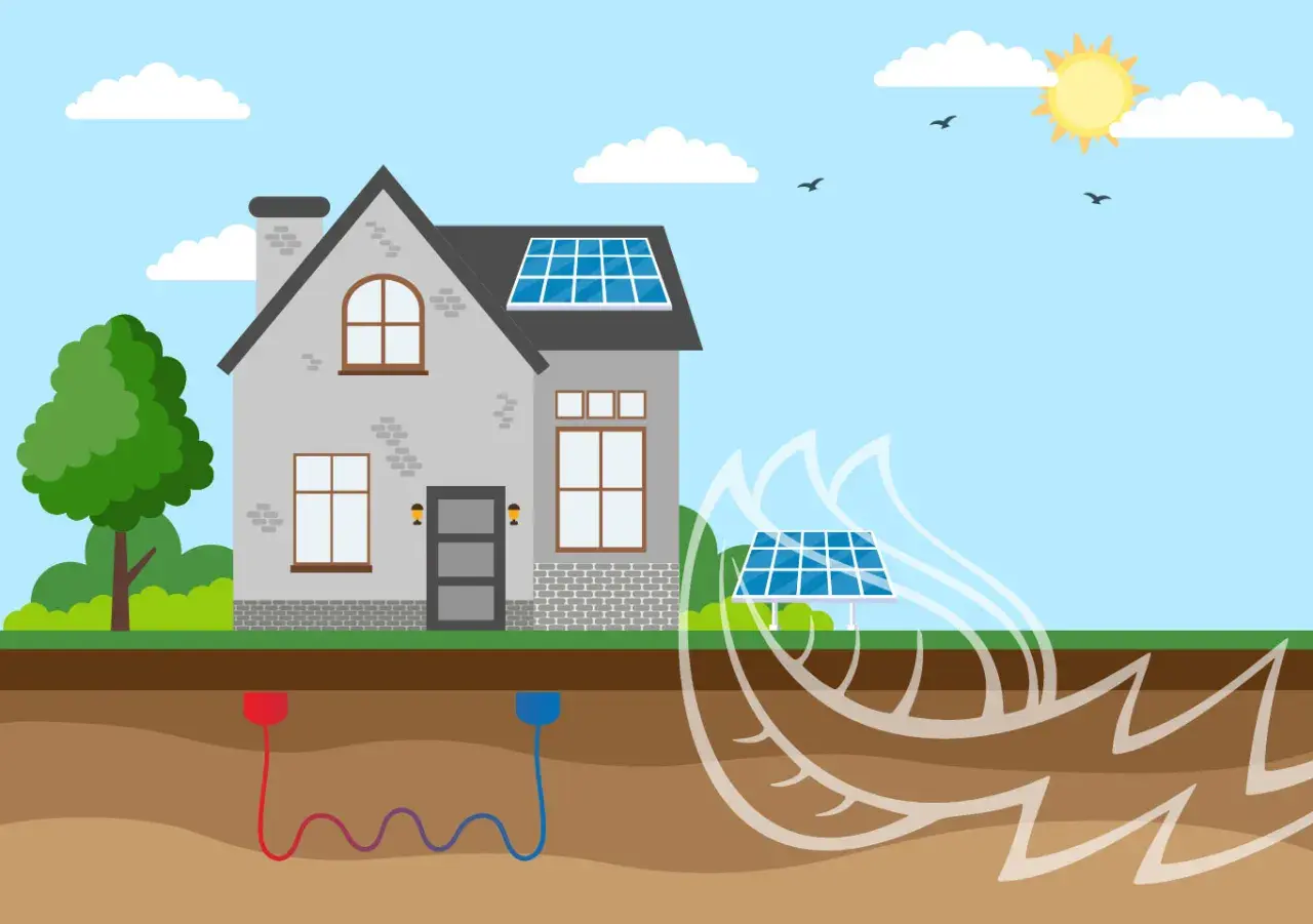 Casa con paneles solares y sistema de geotermia que es, aprovechando la energía del sol y la tierra para un hogar sostenible.