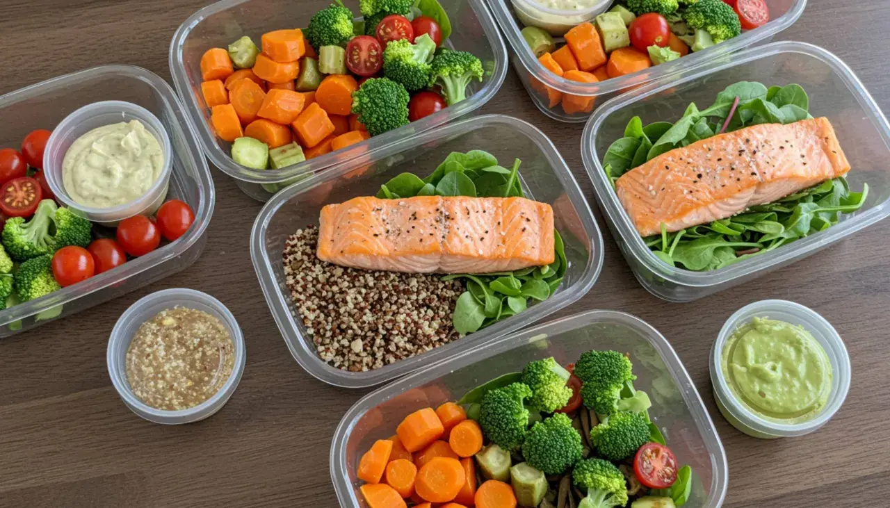 Comidas preparadas para una dieta saludable y equilibrada de lunes a domingo: salmón, quinoa, brócoli, zanahoria y tomates cherry.