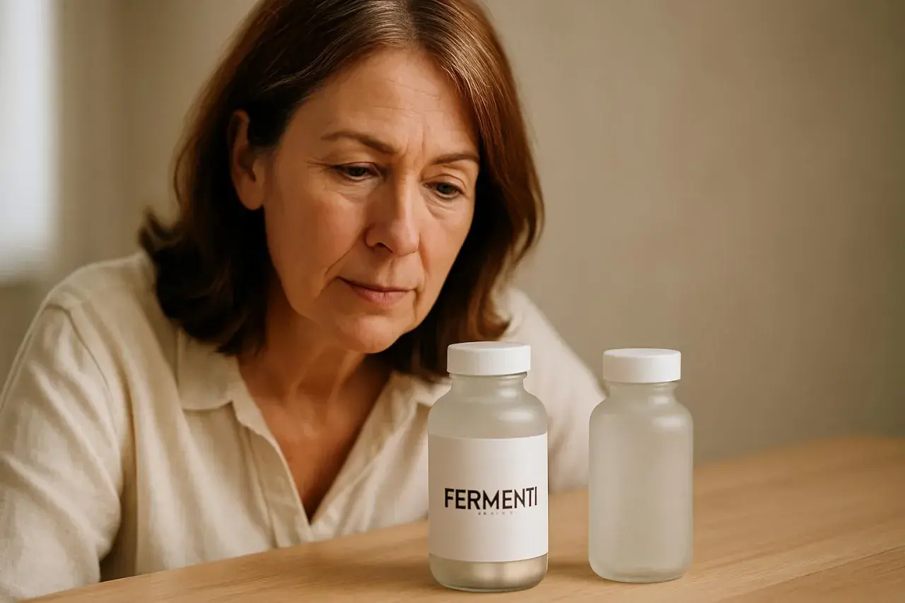 Donna preoccupata guarda due flaconi, uno con etichetta "FERMENTI", pensando ai fermenti lattici scaduti.