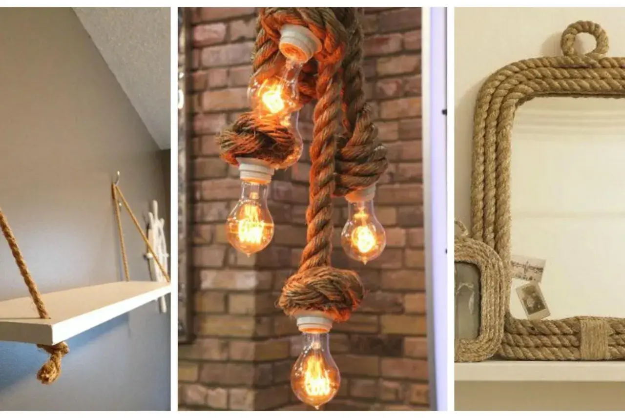 Estantería, lámpara y espejo decorados con cuerda. Ideas de manualidades con cuerda para un estilo rústico y acogedor.