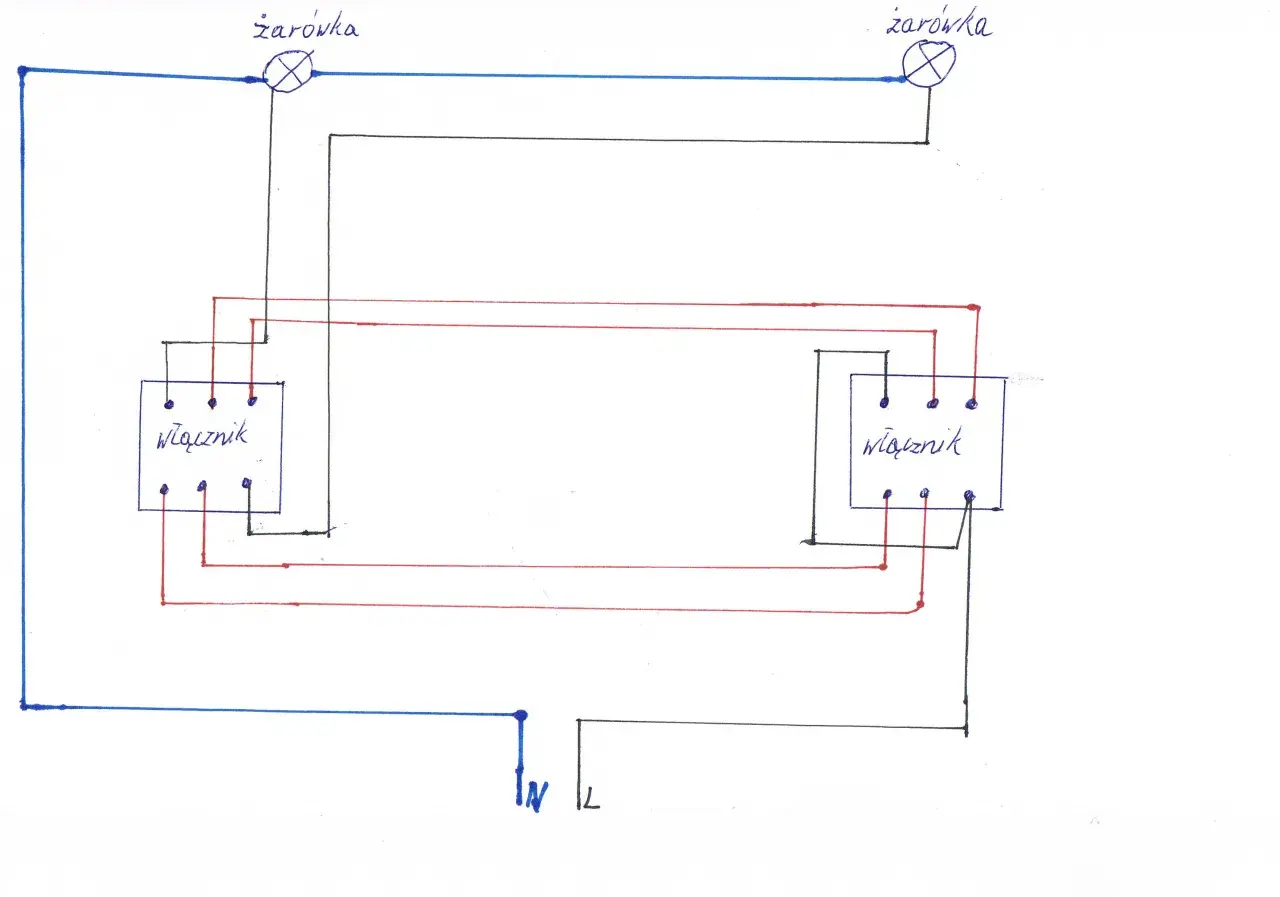 Schemat instalacji elektrycznej z dwoma żarówkami i dwoma łącznikami, które tworzą wyłącznik schodowy.