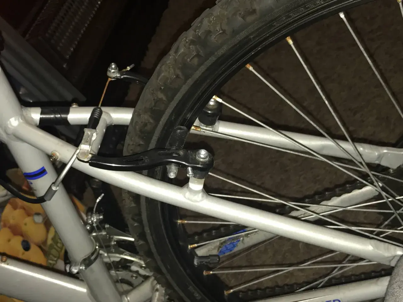 Detalle de freno de bicicleta, mostrando el mecanismo que evita que se taquean las ruedas traseras.