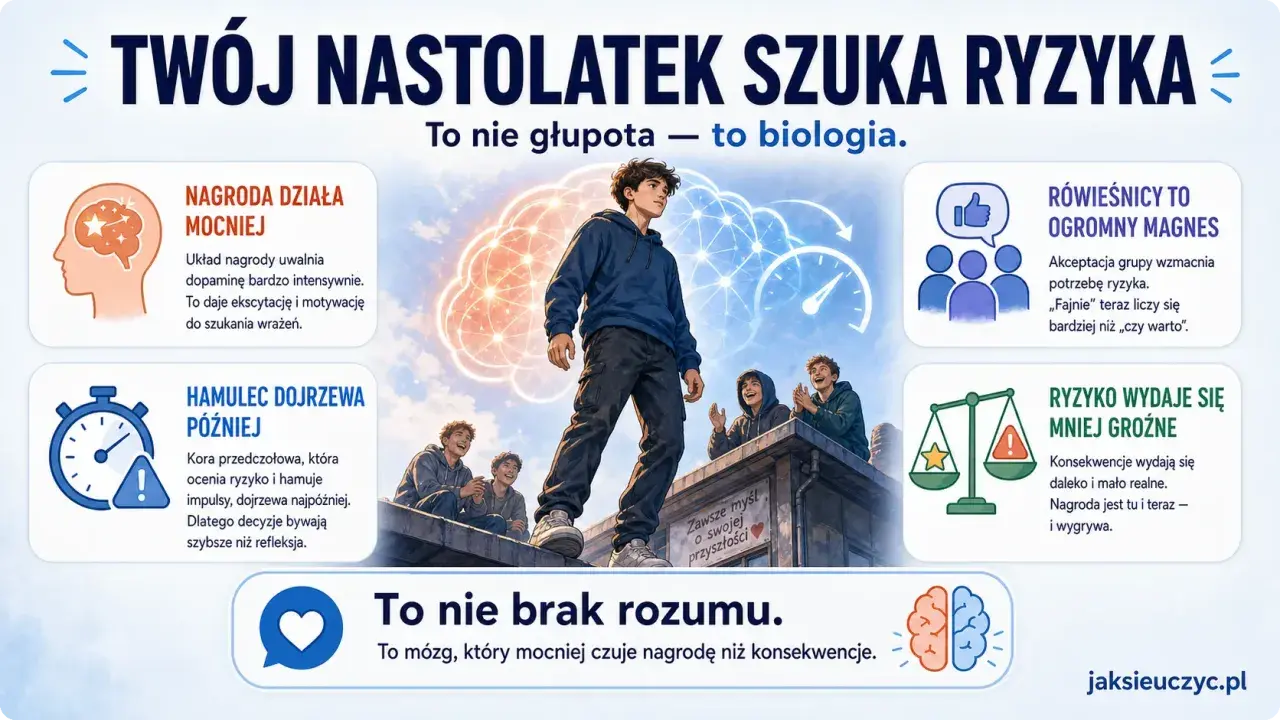Nastolatek na dachu z przyjaciółmi, otoczony ikonami mózgu, nagrody i ryzyka.