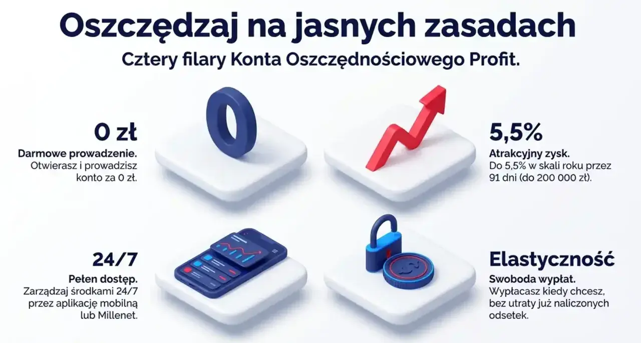Konto Oszczędnościowe Profit: 0 zł za prowadzenie, 5,5% oprocentowanie rachunku oszczędnościowego, dostęp 24/7 i elastyczność wypłat.