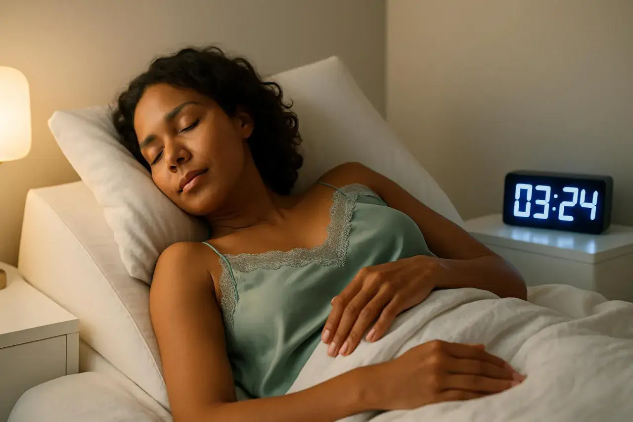 Donna dorme con un cuscino inclinato, forse per alleviare il reflusso notturno. L'orologio digitale segna le 03:24.