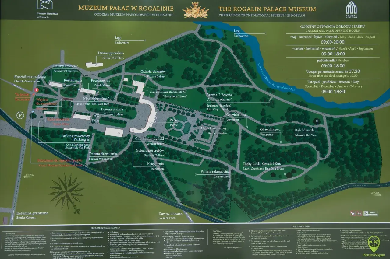 Mapa Pałacu w Rogalinie z zaznaczonymi alejkami, budynkami i słynnymi dębami rogalińskimi.