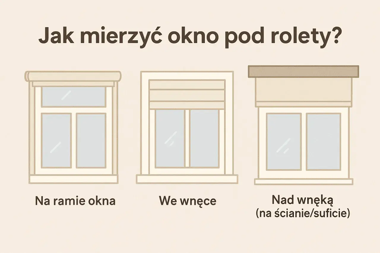 Jak zmierzyć okno na rolety? Trzy sposoby montażu: na ramie, we wnęce i nad wnęką.