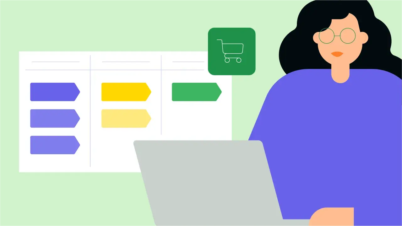 Mujer gestionando un ecommerce con un crm. Icono de carrito de compras y tablero visual.