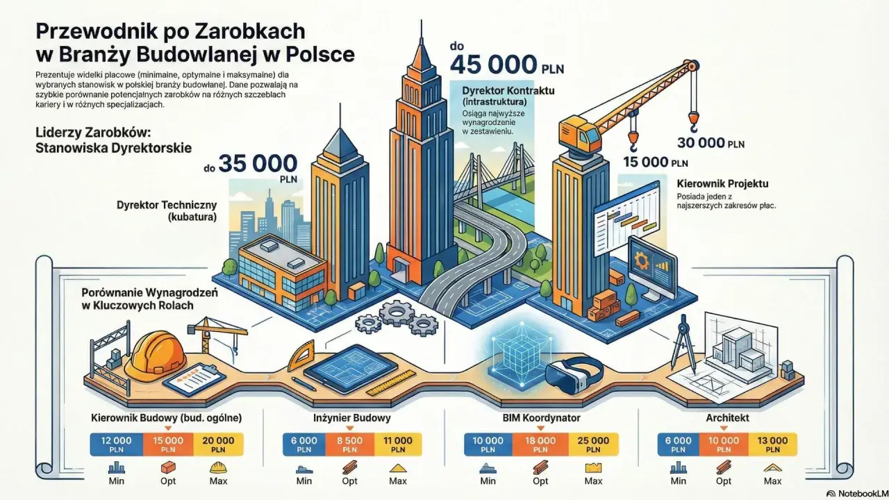 Ile zarabia kierownik budowy? W branży budowlanej widełki płacowe dla kierownika budowy wahają się od 12 000 do 20 000 PLN.