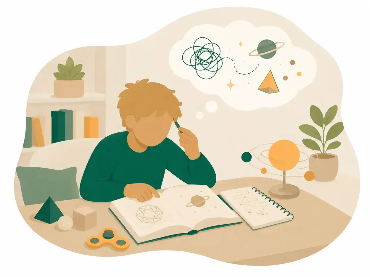 Pojke med tankar om rymden och geometri, kanske en illustration av adhd gradering. En fidget spinner ligger på bordet.