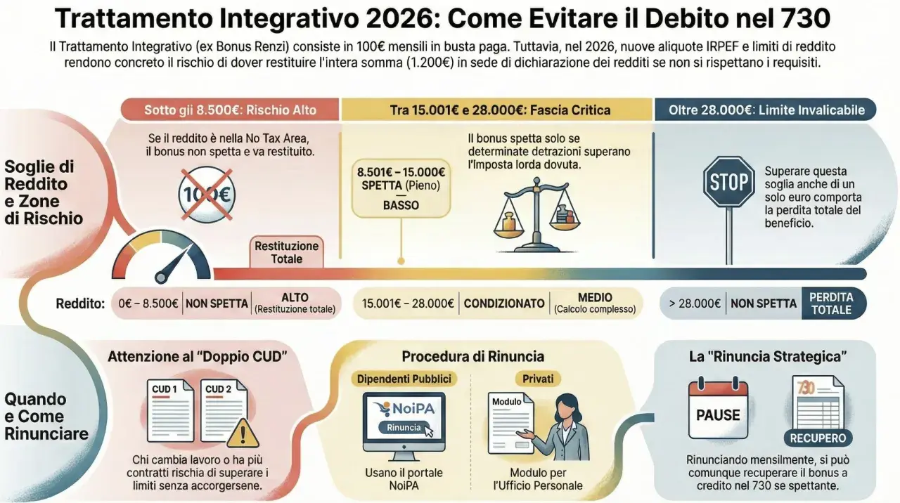 Trattamento integrativo 2026: redditi e fasce critiche. Se il reddito supera 28.000€, il bonus è perso. Attenzione al "doppio CUD" per evitare debiti nel 730.