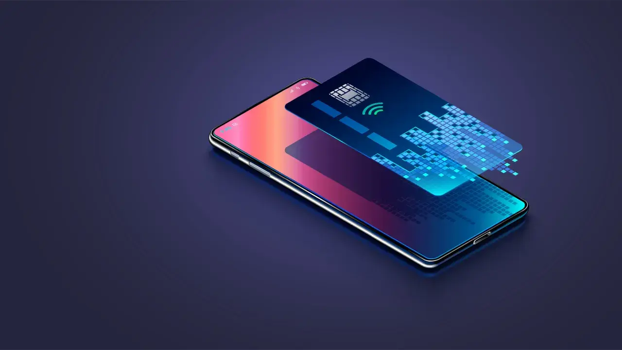 Teléfono móvil con tarjeta de crédito digital y símbolo de pago inalámbrico, representando la firma cloud.