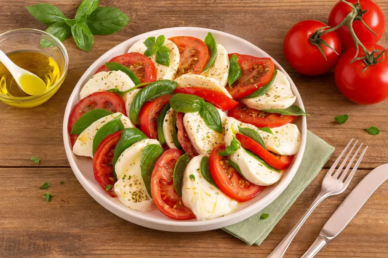 Ein appetitlicher Tomate Mozzarella Salat, kunstvoll arrangiert mit frischem Basilikum und beträufelt mit Olivenöl.