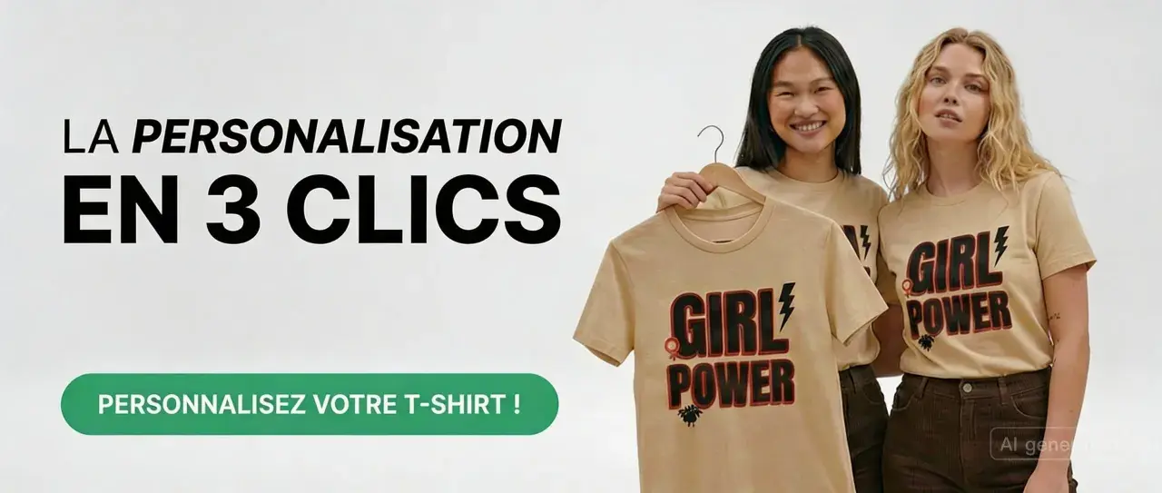 Deux femmes souriantes portent des t-shirts beiges avec l'inscription "Girl Power". Personnalisez votre propre **autocollant tee shirt** facilement.