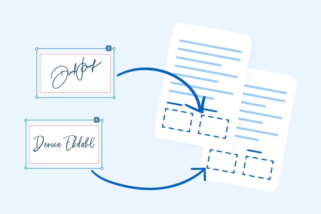 Dos cuadros con firmas digitales se conectan con flechas a documentos con espacios para firmar.