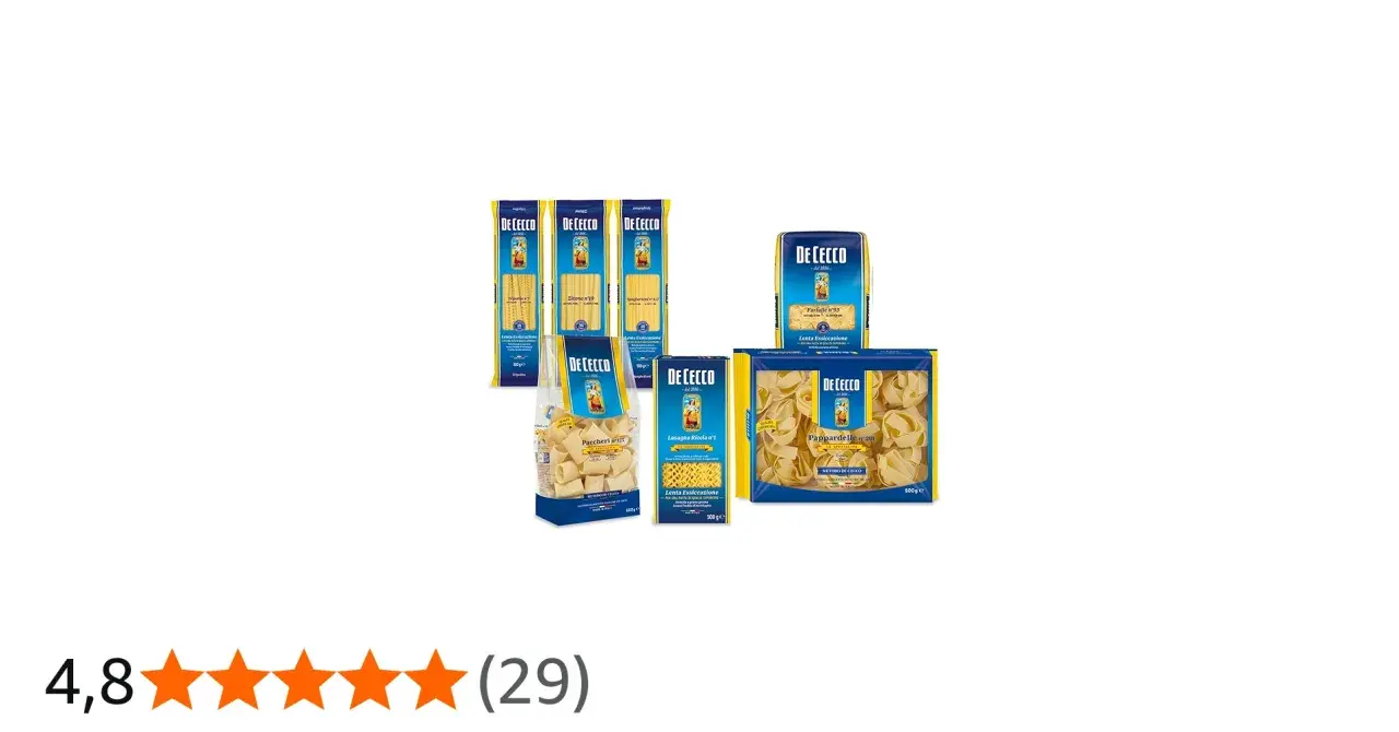 Verschiedene De Cecco Pasta-Sorten in Packungen und Beuteln.
