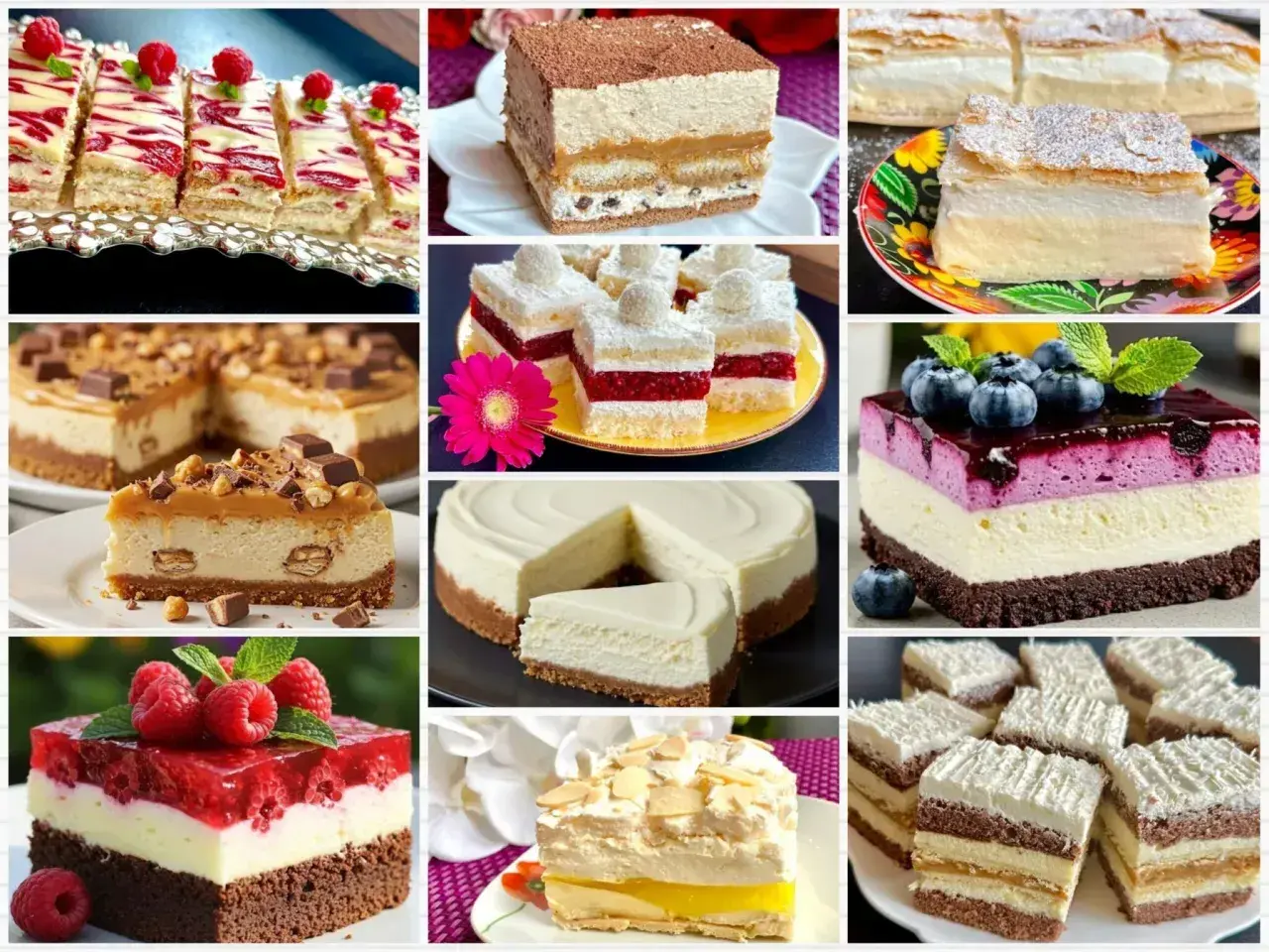 Kremowe i owocowe ciasta dla gości: sernik z malinami, tiramisu, ciasto z borówkami i inne słodkości.