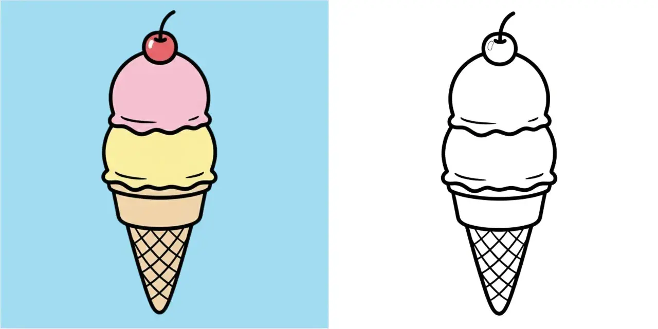 Zwei Eiscreme-Bilder: eins farbig mit rosa und gelben Kugeln, das andere als Schwarz-Weiß-Vorlage zum Ausmalen. Perfekt als eis basteln vorlage!