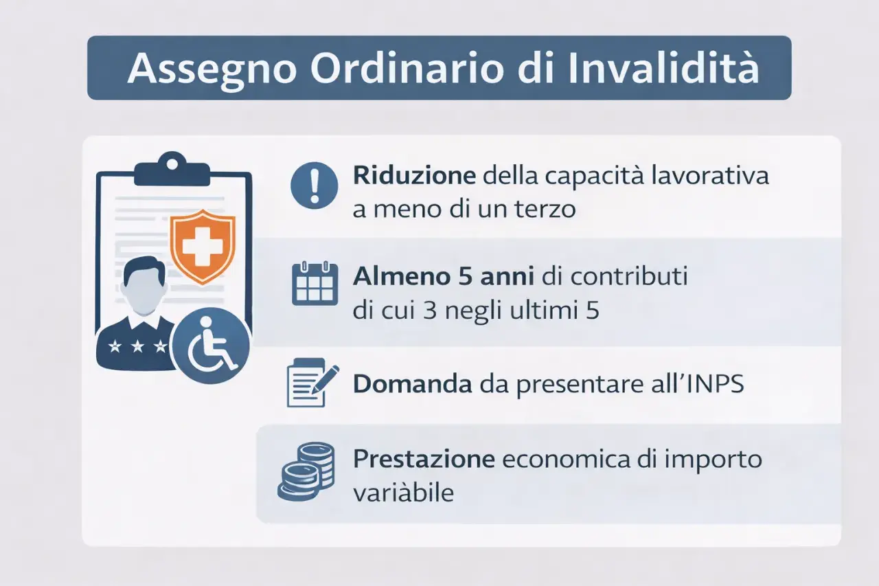 Assegno Ordinario di Invalidità: requisiti per la pensione invalidità civile, riduzione capacità lavorativa, contributi e domanda INPS.
