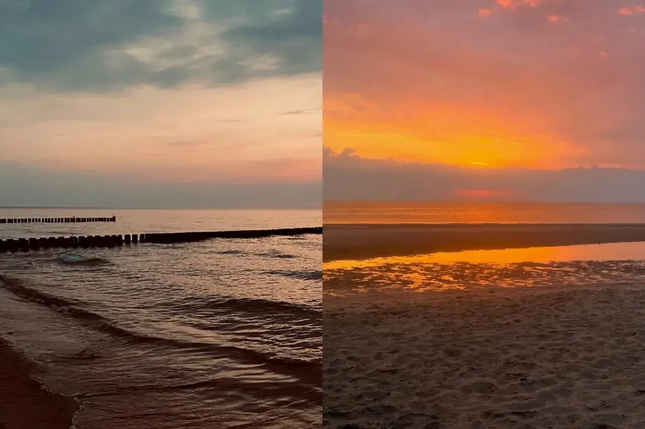 Zwei Hälften eines Sonnenuntergangs an den Nordseeinseln. Links sanfte Wellen und Buhnen, rechts glitzernder Sand und ein feuriger Himmel.