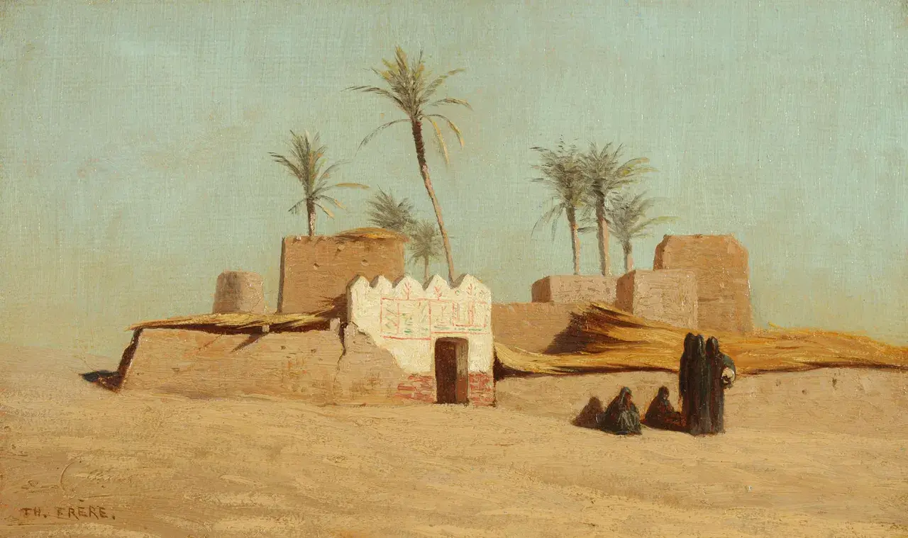 Un village ocre sous le ciel bleu, avec des palmiers et des silhouettes voilées. Une œuvre de Théodore Frère.