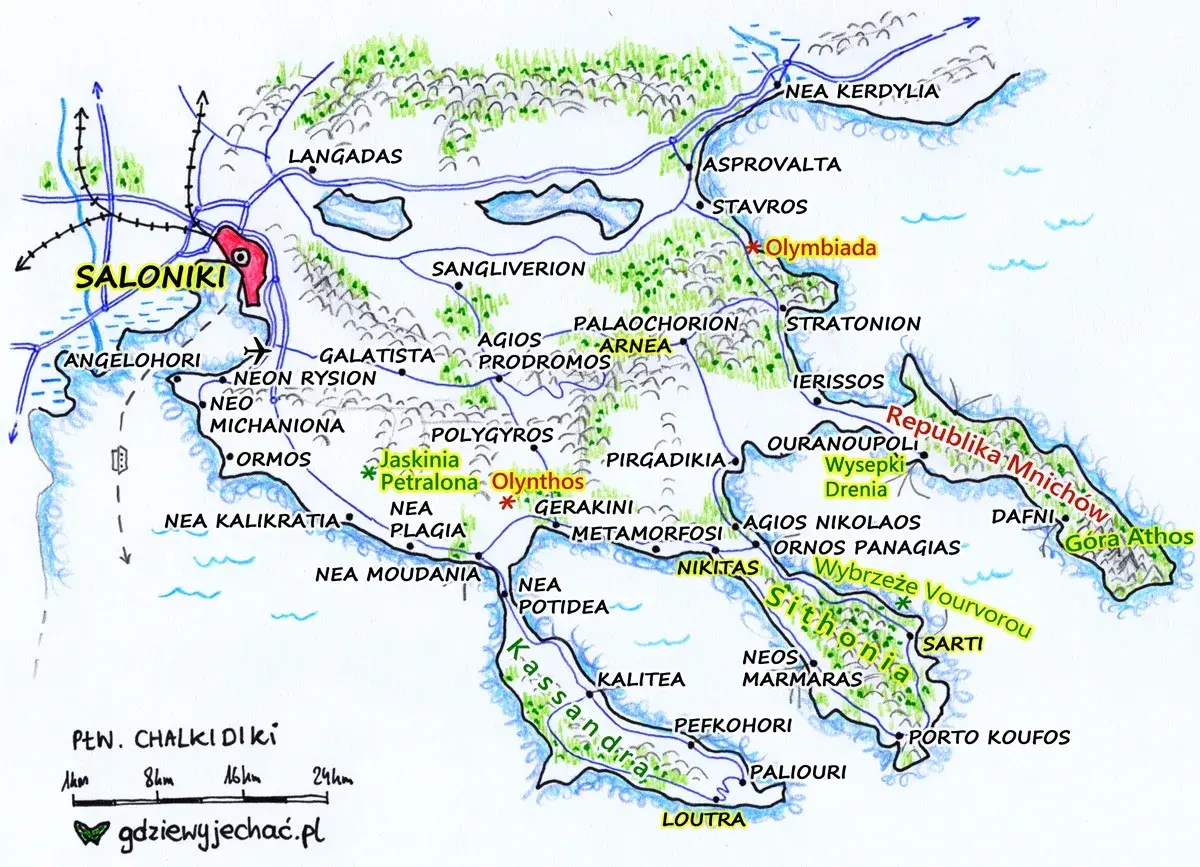 Mapa Chalkidiki z zaznaczonymi atrakcjami: Saloniki, Olynthos, jaskinia Petralona, Góra Athos. Planuj podróż!