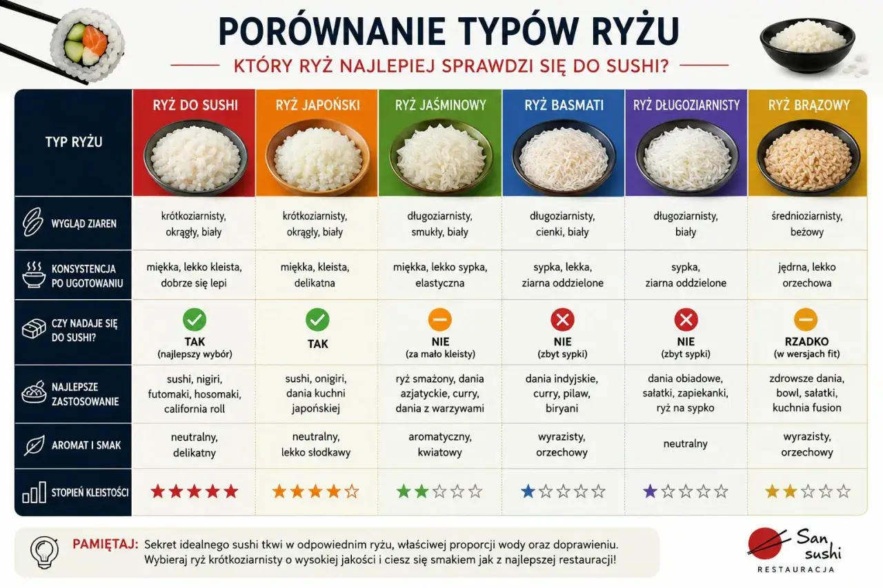 Porównanie ryżu do sushi: krótkoziarnisty, biały, kleisty – idealny wybór dla miłośników sushi.