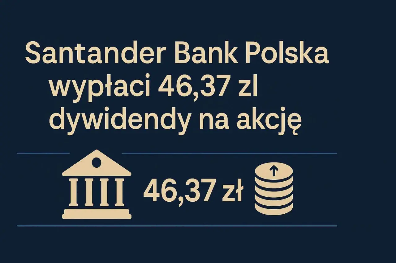 Santander Bank Polska wypłaci 46,37 zł dywidendy na akcję. Symbol banku i stos monet symbolizują zysk z inwestycji w santander akcje.
