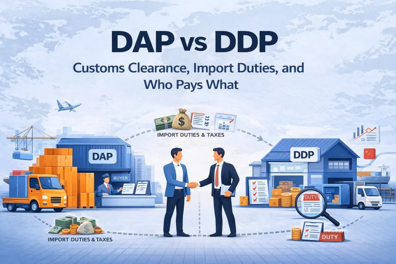 Vergleich DAP vs. DDP: Wer zahlt Zölle und Steuern? Illustration zeigt Lieferketten und Verantwortlichkeiten bei internationalen Sendungen, inklusive ddu incoterm.