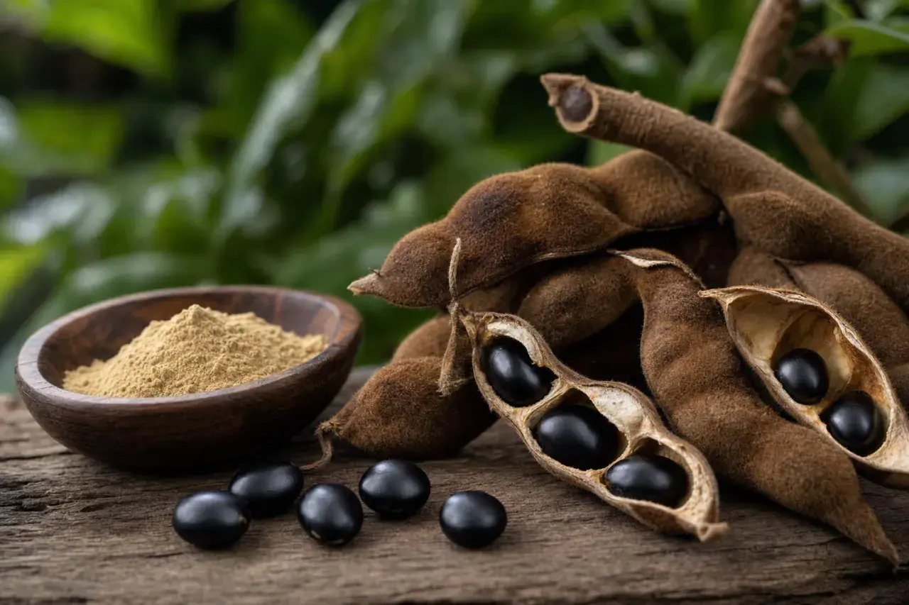 Fagioli di Mucuna pruriens e polvere, noti per il loro potenziale impatto sul testosterone.