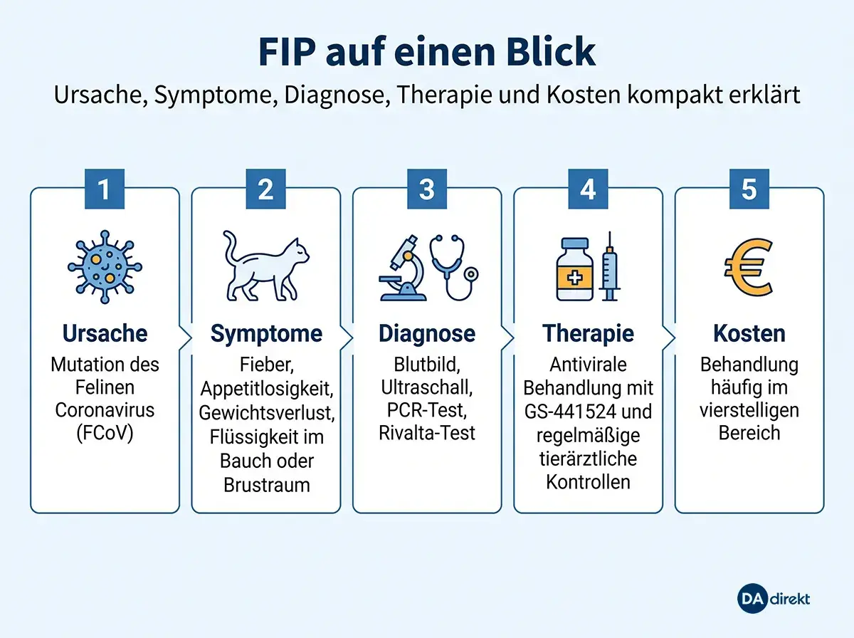 FIP bei Katzen: Symptome wie Fieber, Appetitlosigkeit und Gewichtsverlust sind Anzeichen. Die Grafik erklärt Ursache, Diagnose, Therapie und Kosten.