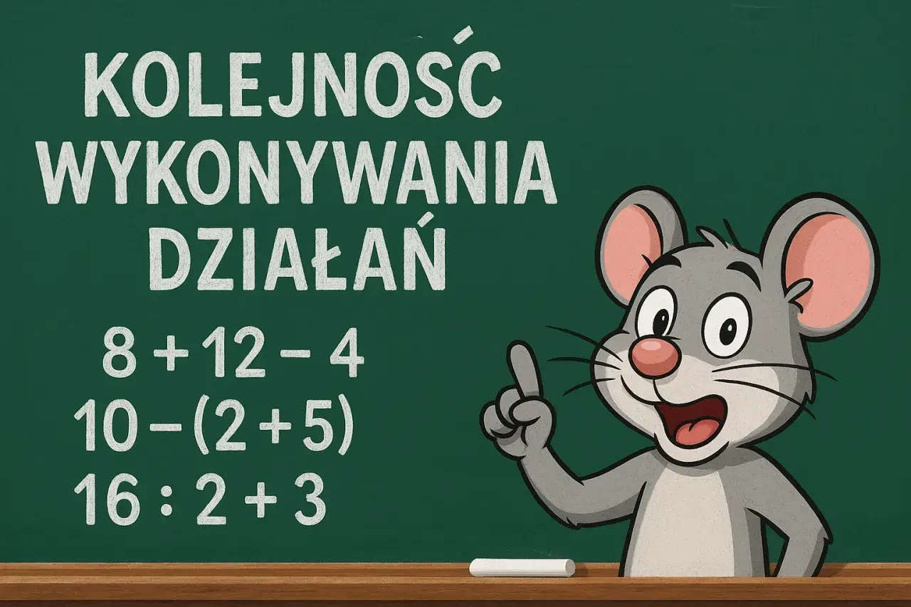 Kreskówka myszki na tablicy z przykładami działań matematycznych i napisem "Kolejność wykonywania działań".