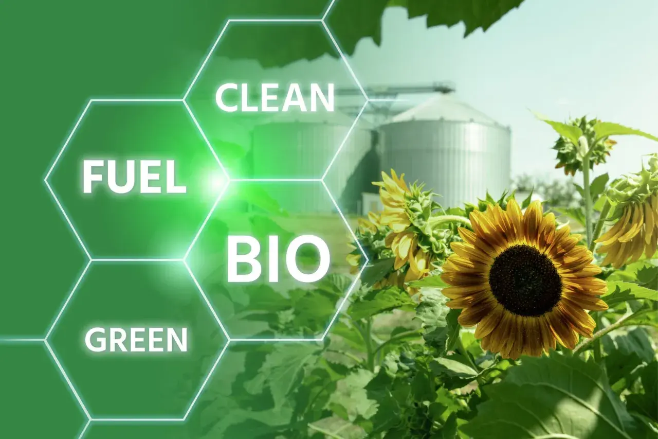 Solrosor vid silos, med texten "Clean Fuel Bio Green". Även om biodiesel kan verka miljövänligt, finns det nackdelar att beakta.