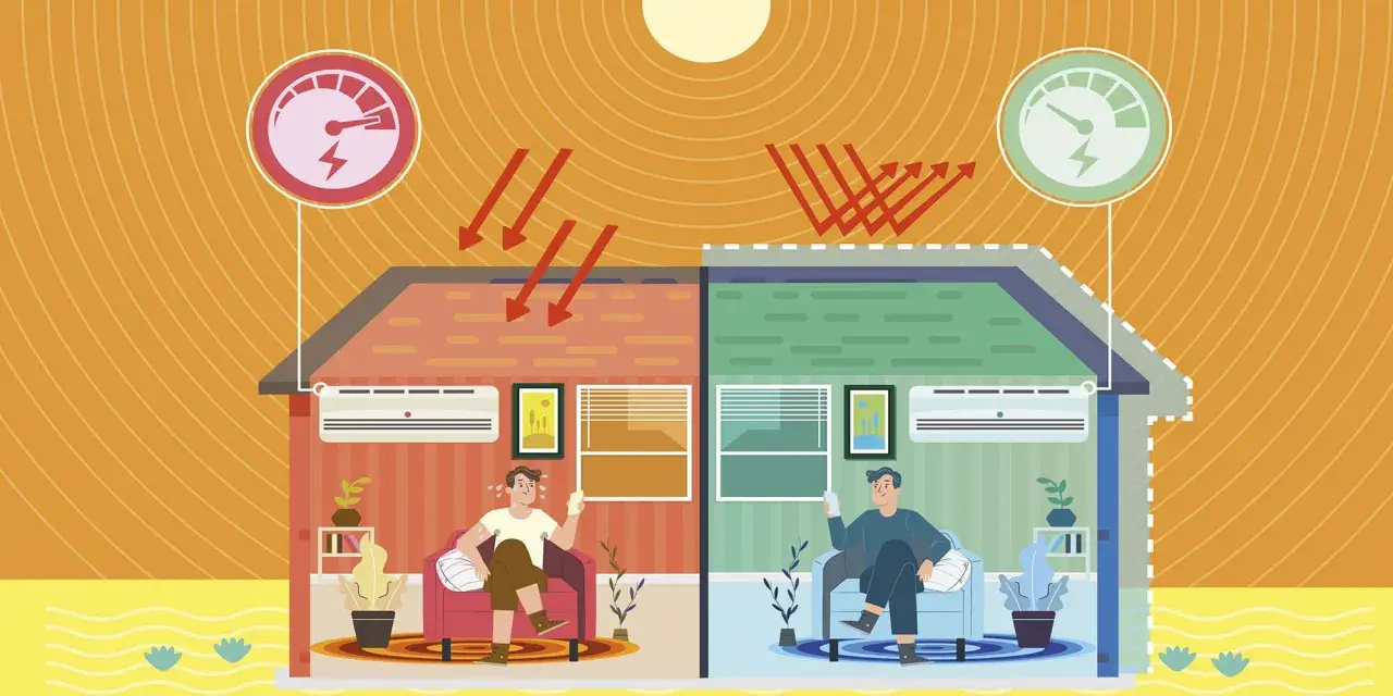 Dos casas: una caliente con un hombre sudando y otra fresca con aire acondicionado. El sol calienta una, la otra refleja el calor. Confort térmico logrado.