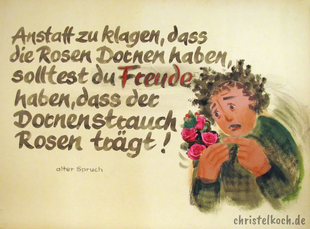 Lebensweisheiten alter Spruch: Statt über Dornen zu klagen, freue dich, dass Rosen wachsen. Ein Mann mit Rosenstrauß sticht sich in den Finger.
