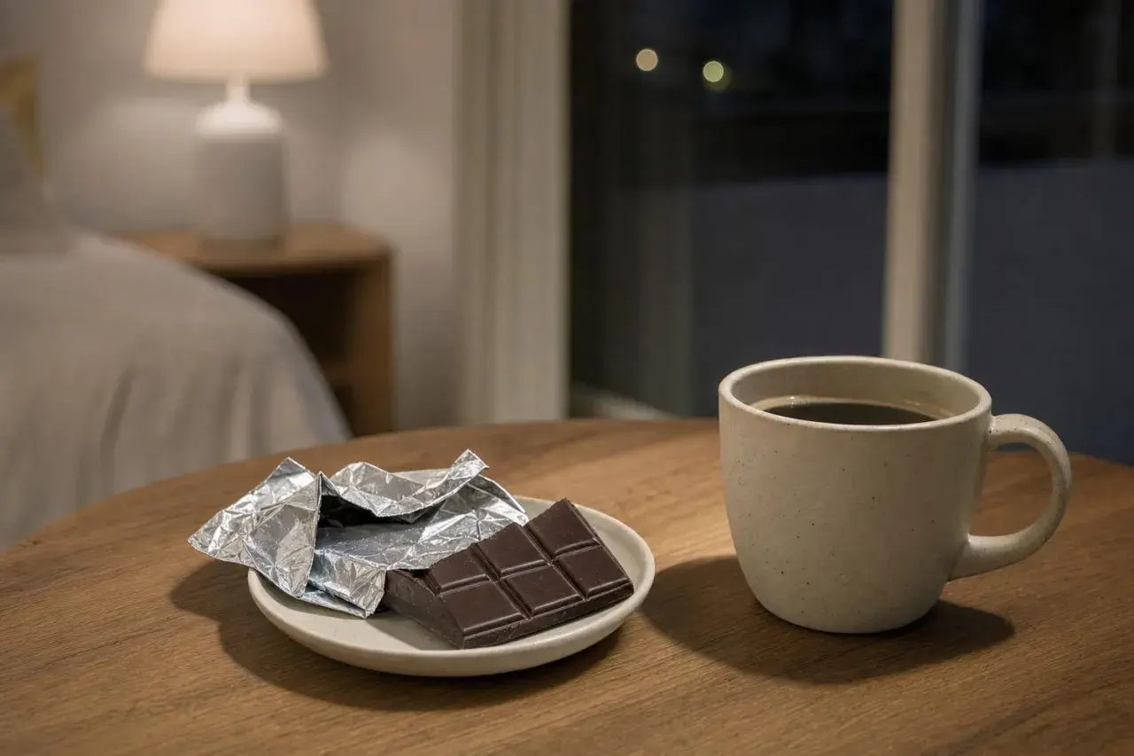 Tavoletta di cioccolato e tazza di caffè su un tavolo di legno. Ricorda che il caffè fa male al fegato, meglio godersi il cioccolato con moderazione.