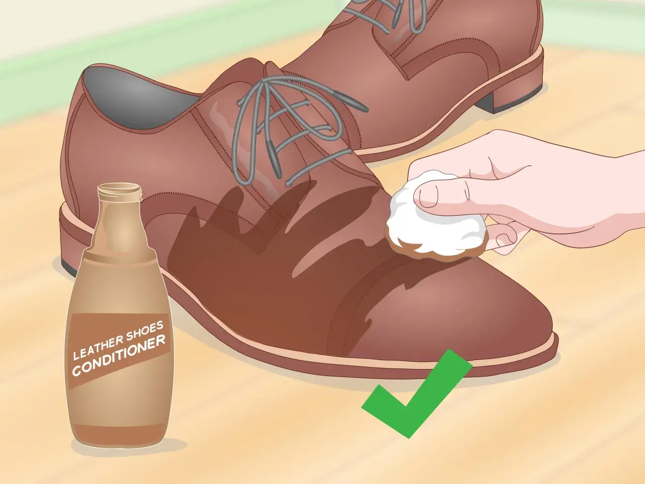 Application d'un conditionneur sur une chaussure en cuir pour éviter le cuir qui s'effrite.