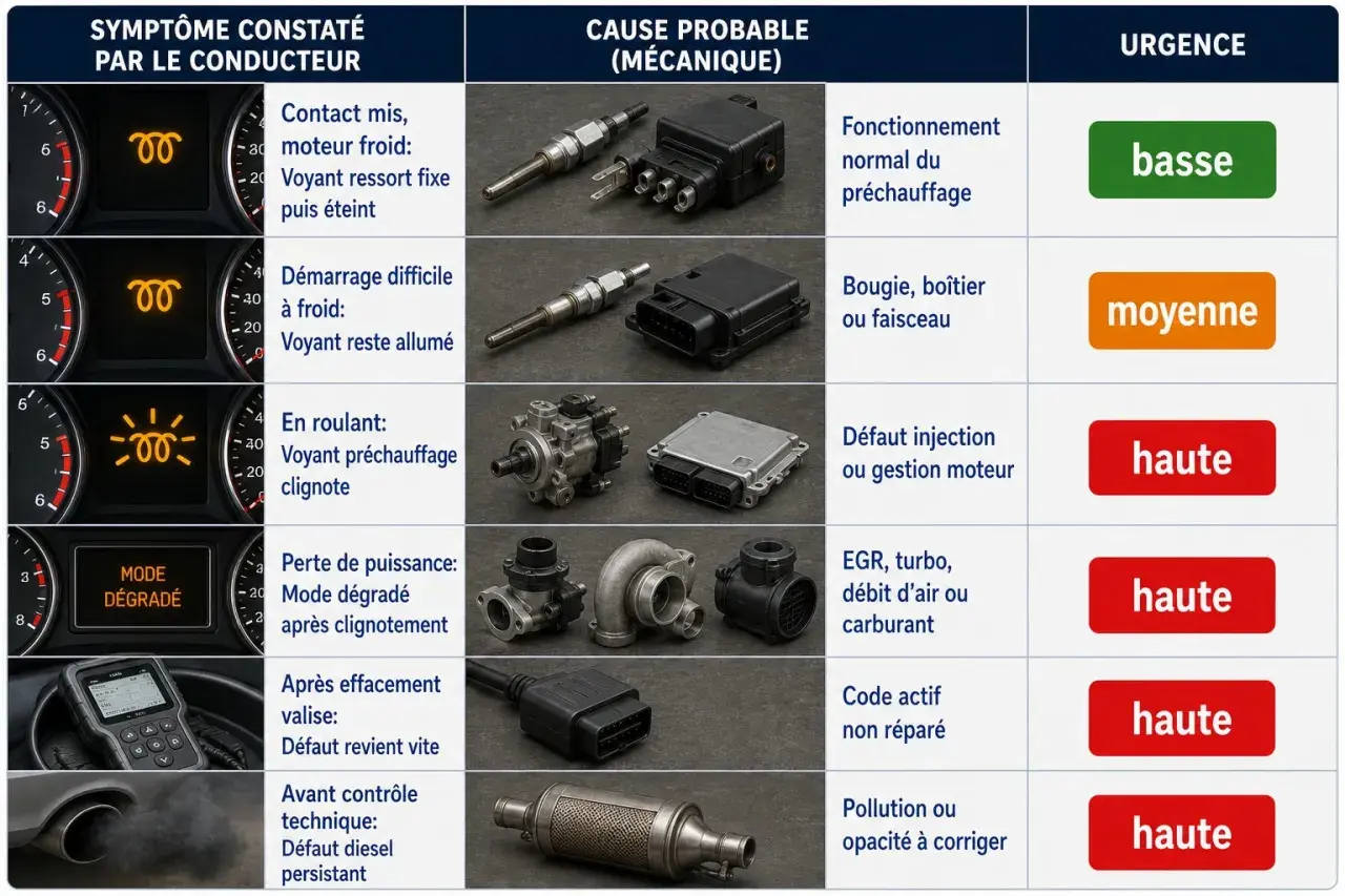 En roulant, le voyant préchauffage clignote. Cela peut indiquer un défaut d'injection ou de gestion moteur, nécessitant une intervention urgente.