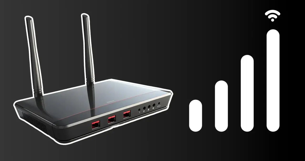 Router Wi-Fi z antenami i ikoną zasięgu sygnału.