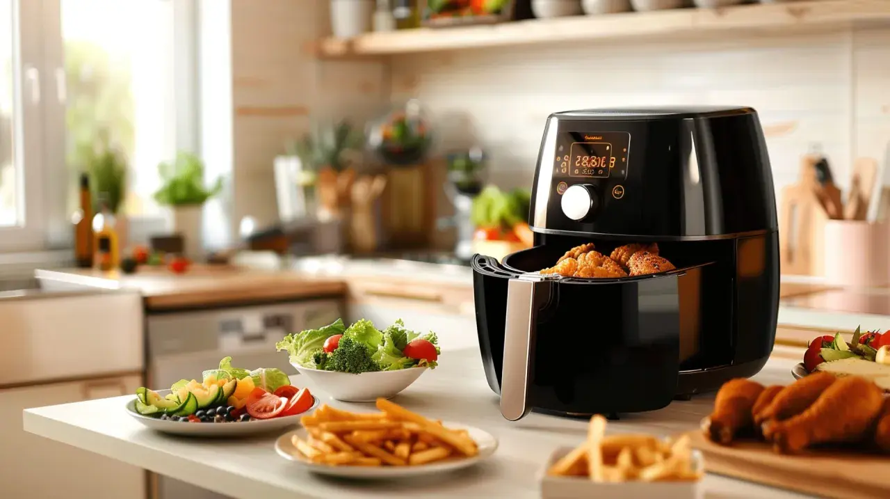 En airfryer med krispiga kycklingbitar och pommes frites. Perfekt för snabba och goda airfryer recept.