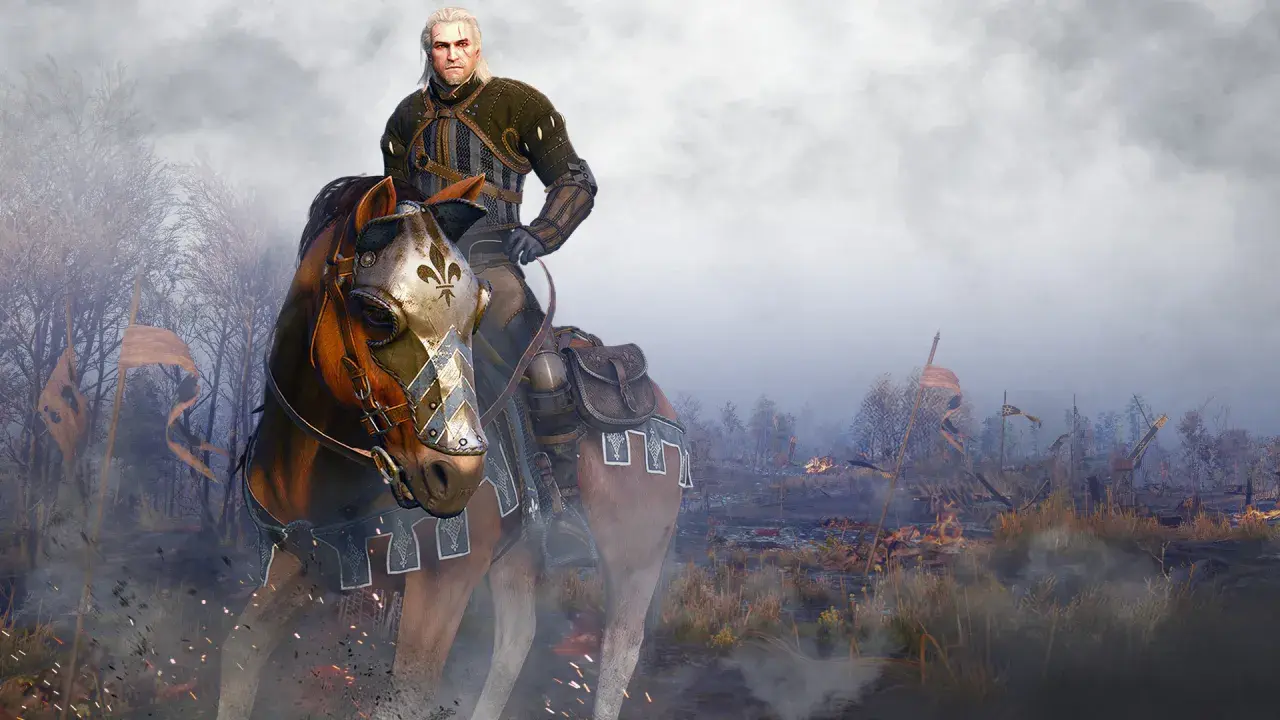 Geralt na koniu w zbroi, która wygląda jak najlepszy rynsztunek z Wiedźmina 3, przemierza spaloną ziemię.