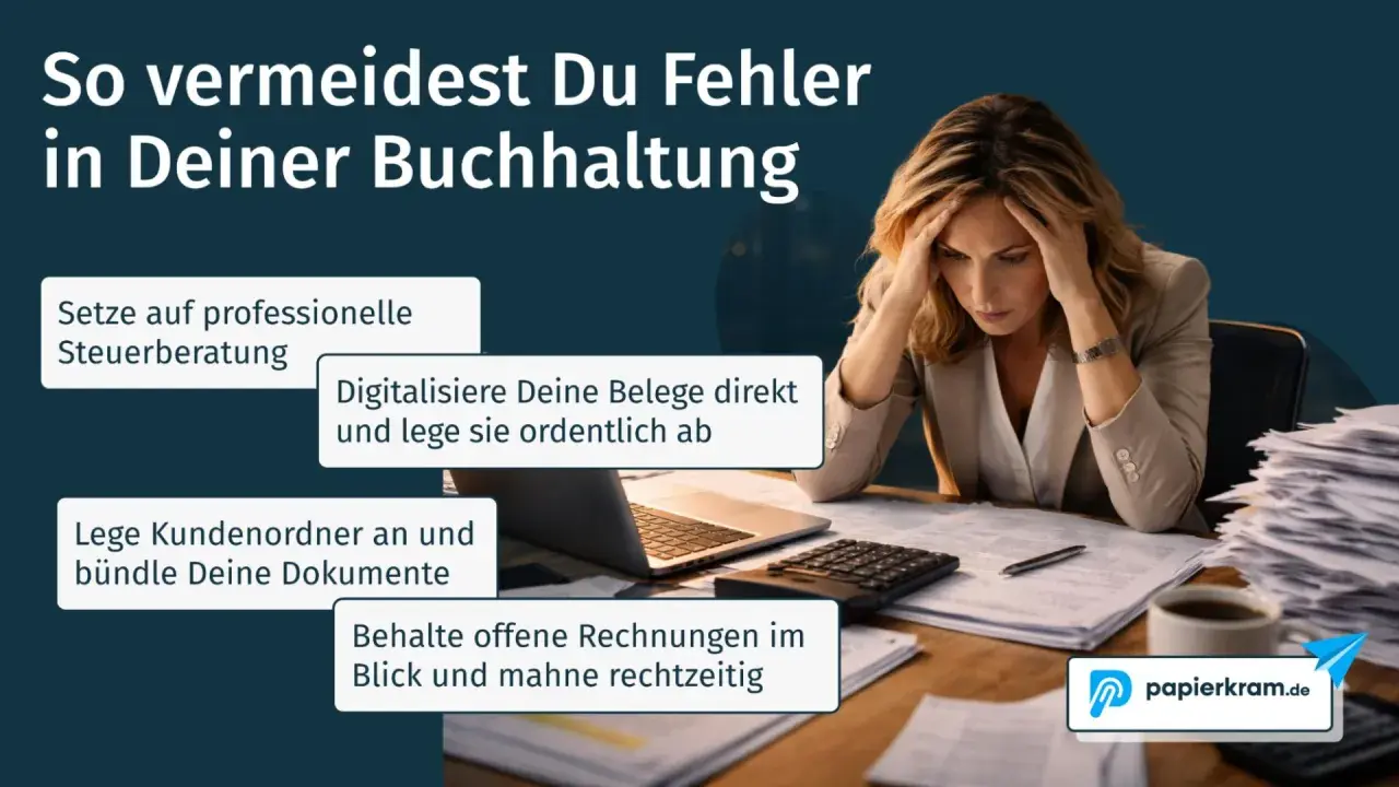 Frau mit Händen an den Schläfen, umgeben von Papierstapeln. Tipps zur Buchhaltung für eine GmbH, z.B. Steuerberatung und Belegdigitalisierung.
