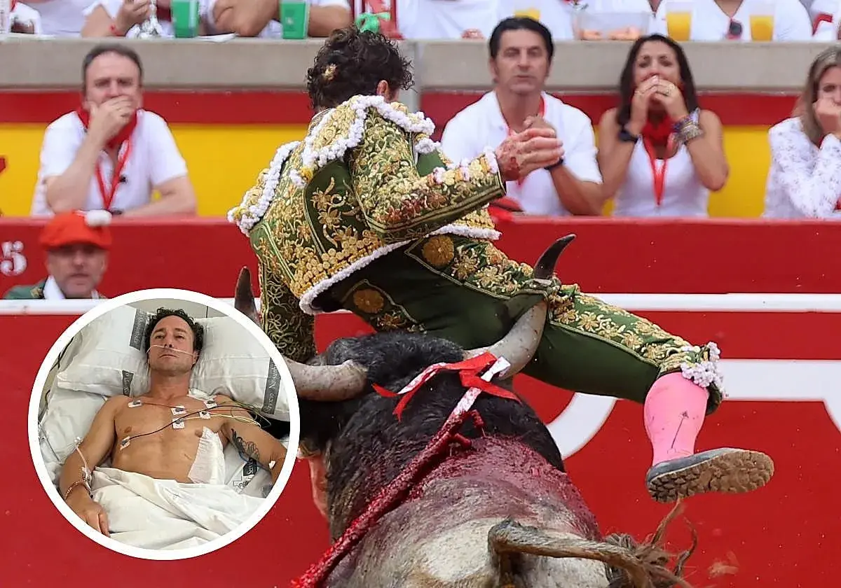 El torero Rafaelillo en plena faena, con un toro ensangrentado. En un círculo, el mismo torero herido en cama de hospital.