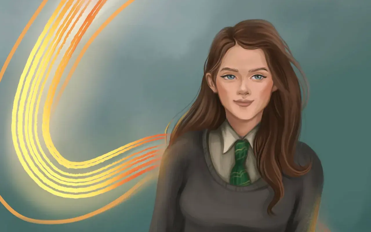 Astoria Greengrass, w szacie Slytherinu, z magicznymi, świetlistymi smugami za plecami.