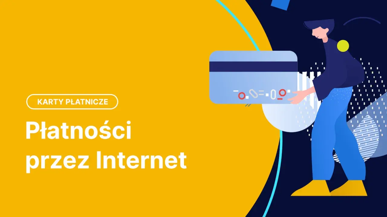 Ilustracja przedstawia płatności przez Internet z użyciem karty wirtualnej. Postać trzyma kartę, symbolizując łatwość transakcji online.