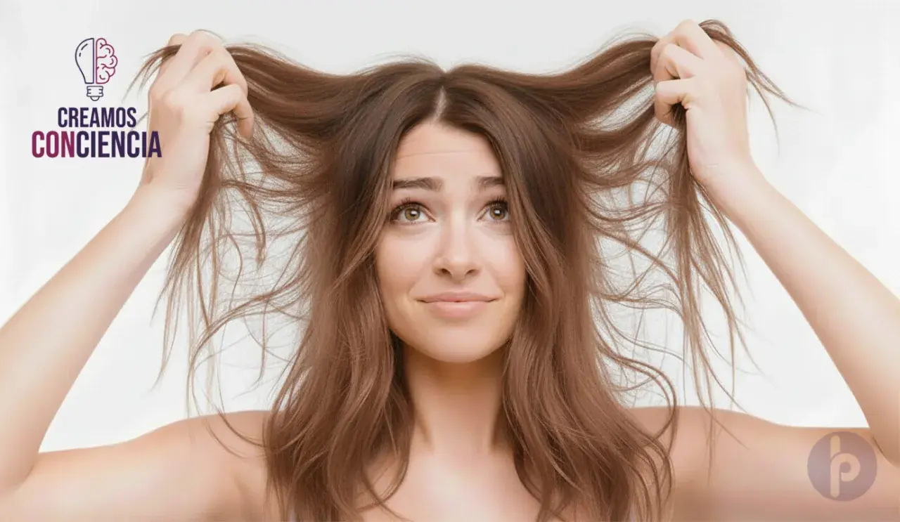 Mujer con pelo rebelde y encrespado, mostrando que es el frizz del pelo.