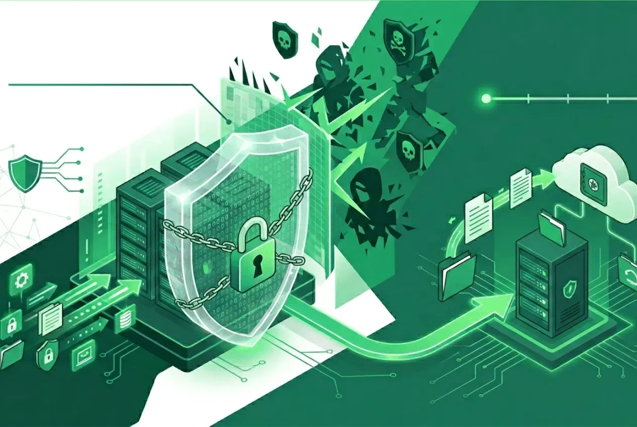 Illustration d'une sécurité informatique robuste, avec des serveurs protégés par un bouclier et un cadenas. Des icônes de menaces tentent de percer, mais le réseau 3G reste sécurisé.