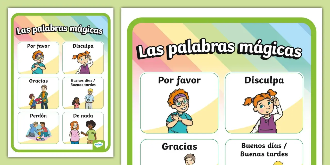Póster educativo con ilustraciones de niños aprendiendo las palabras mágicas: "Por favor", "Disculpa", "Gracias", "Buenos días / Buenas tardes", "Perdón" y "De nada".